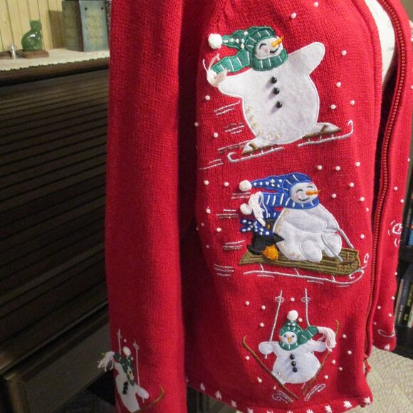 Holiday Red Zippered Sweater w/Appliqued Snowman, Pearls, Sequins & Embroidery - Picture 3 of 4